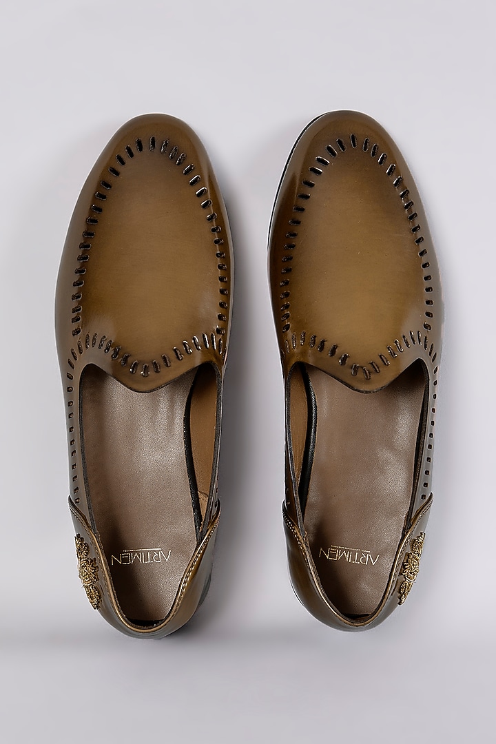 Brown Leather Dabka Hand Embroidered Juttis by ARTIMEN at Pernia's Pop Up Shop