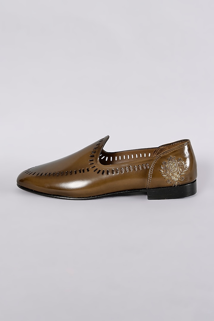 Brown Leather Dabka Hand Embroidered Juttis by ARTIMEN at Pernia's Pop Up Shop