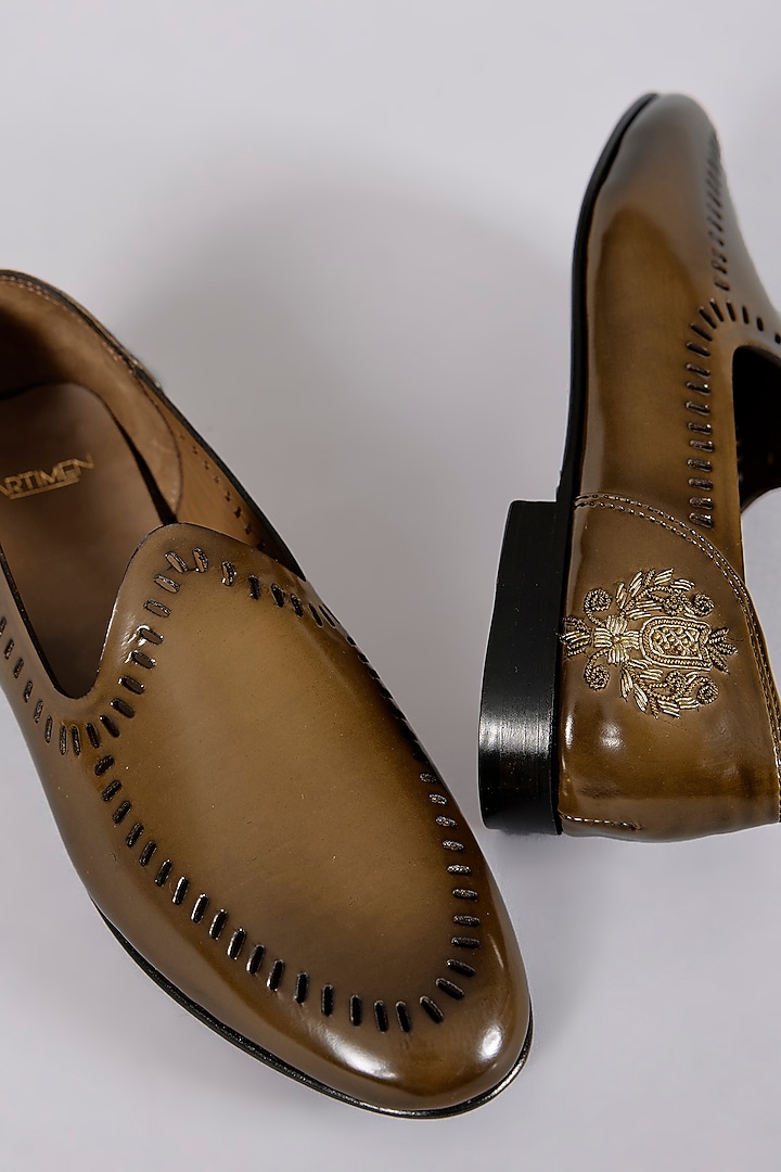 Brown Leather Dabka Hand Embroidered Juttis by ARTIMEN at Pernia's Pop Up Shop
