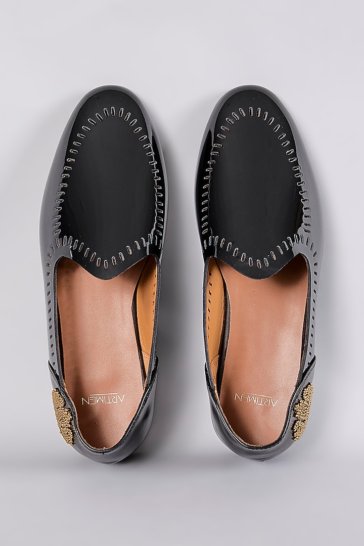 Black Leather Hand Embroidered Shoes by ARTIMEN at Pernia's Pop Up Shop