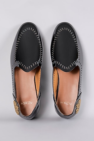 Black Leather Hand Embroidered Shoes by ARTIMEN