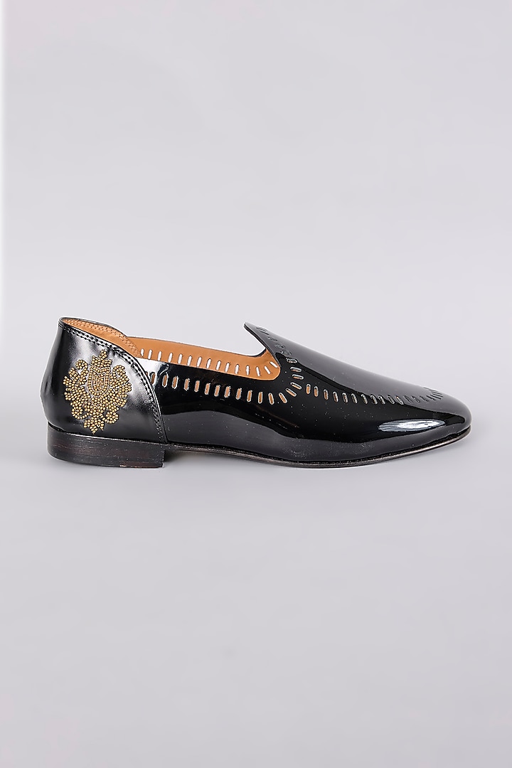Black Leather Hand Embroidered Shoes by ARTIMEN at Pernia's Pop Up Shop 2026