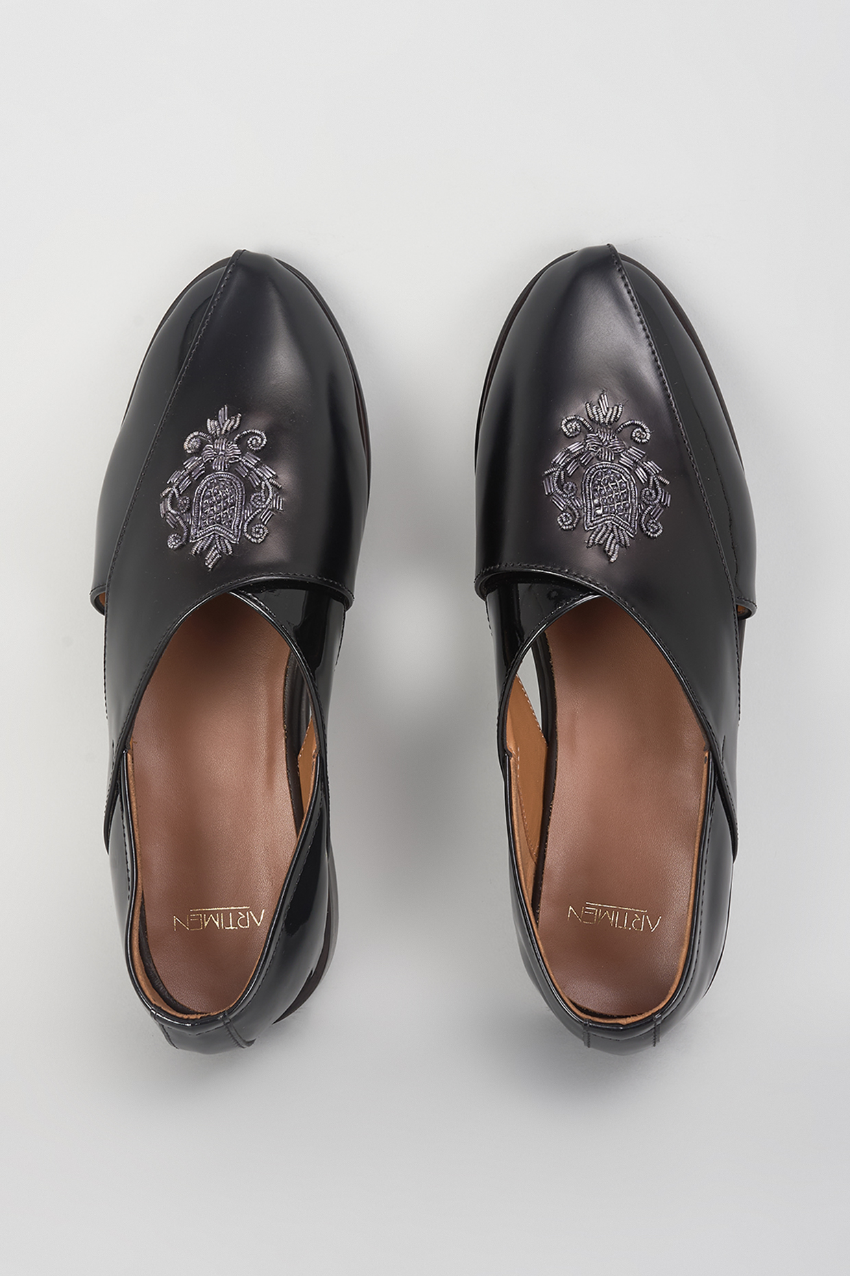 Black Leather Cutdana Hand Embroidered Shoes by ARTIMEN
