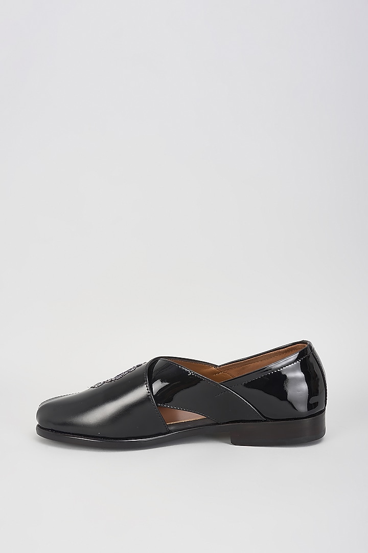 Black Leather Cutdana Hand Embroidered Shoes by ARTIMEN at Pernia's Pop Up Shop