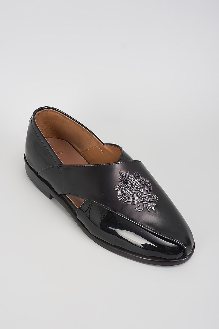 Black Leather Cutdana Hand Embroidered Shoes by ARTIMEN at Pernia's Pop Up Shop