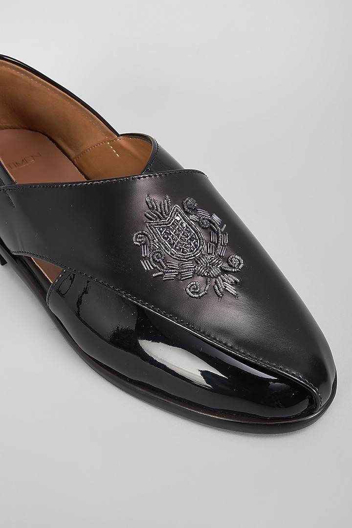 Black Leather Cutdana Hand Embroidered Shoes by ARTIMEN at Pernia's Pop Up Shop