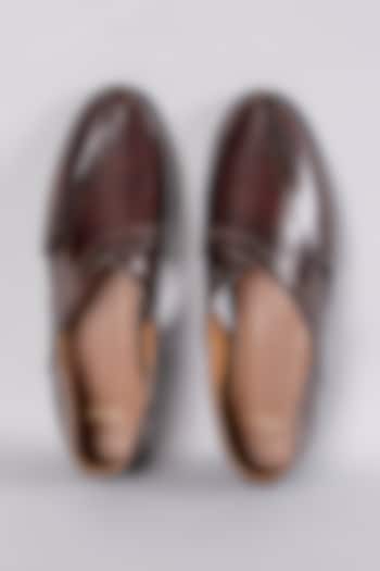 Brown Leather Dabka Hand Embroidered Juttis by ARTIMEN at Pernia's Pop Up Shop