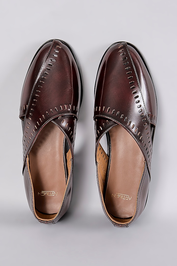 Brown Leather Dabka Hand Embroidered Juttis by ARTIMEN at Pernia's Pop Up Shop