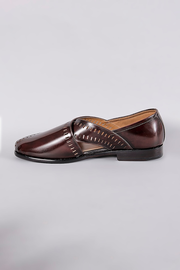 Brown Leather Dabka Hand Embroidered Juttis by ARTIMEN at Pernia's Pop Up Shop