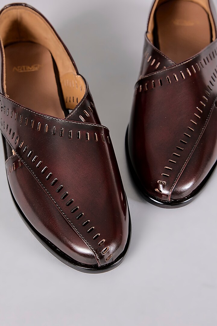 Brown Leather Dabka Hand Embroidered Juttis by ARTIMEN at Pernia's Pop Up Shop