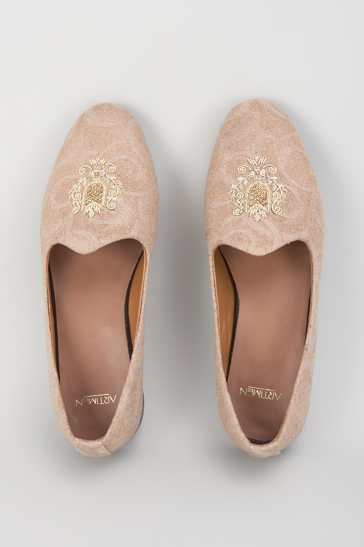 Beige Leather & Suede Embroidered Loafers by ARTIMEN