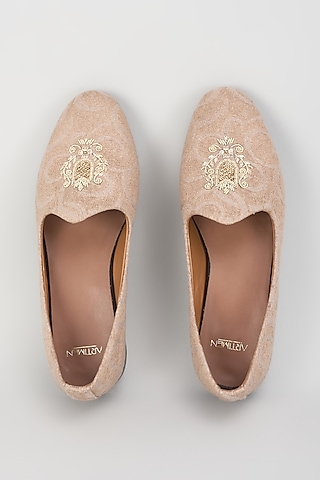 Beige Leather & Suede Embroidered Loafers by ARTIMEN