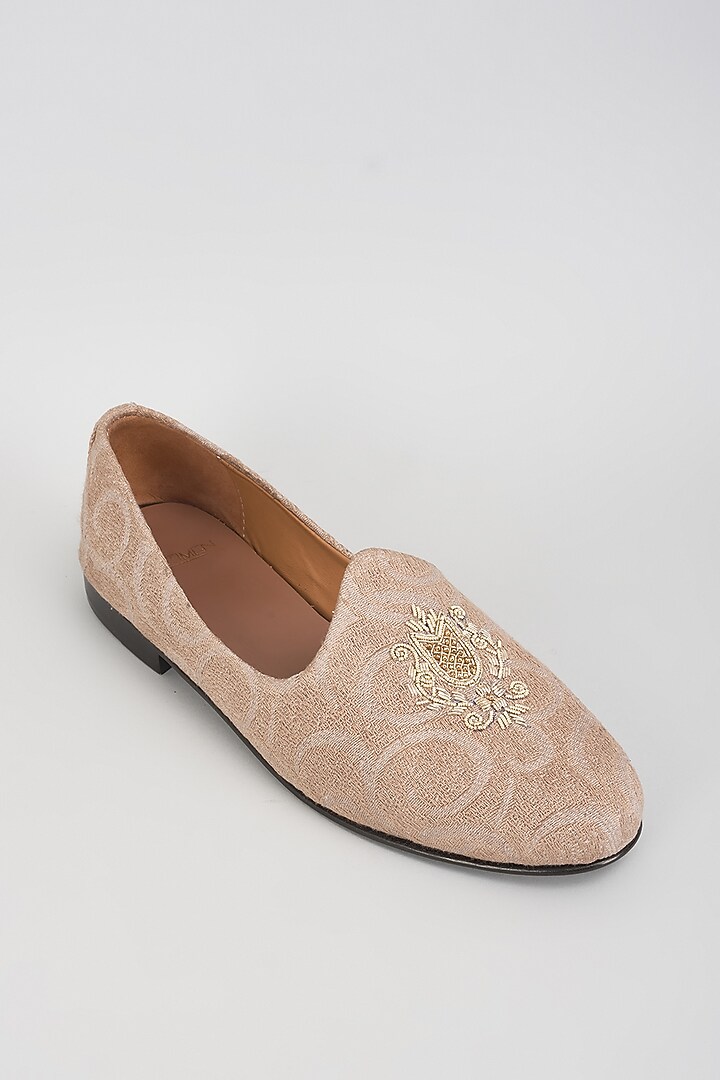 Beige Leather & Suede Embroidered Loafers by ARTIMEN at Pernia's Pop Up Shop