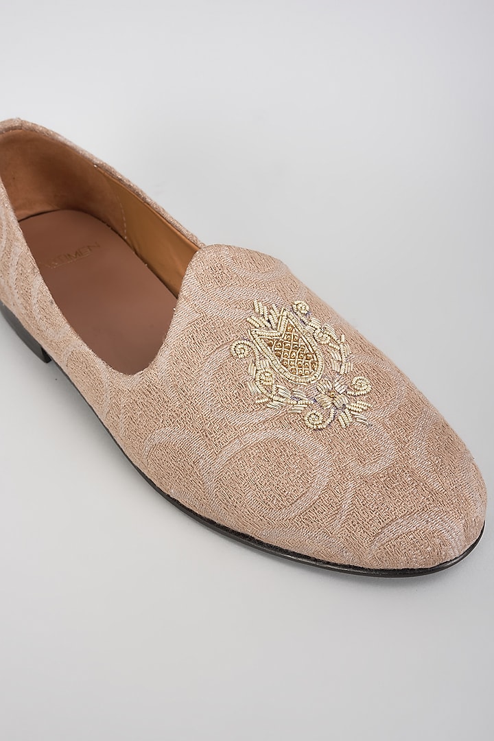 Beige Leather & Suede Embroidered Loafers by ARTIMEN at Pernia's Pop Up Shop