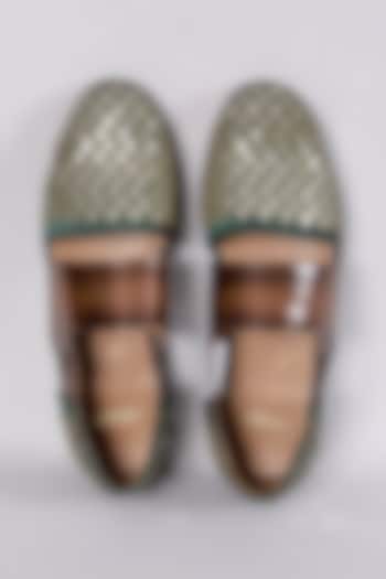 Brown & Green Leather Mirror Work Sandals by ARTIMEN at Pernia's Pop Up Shop