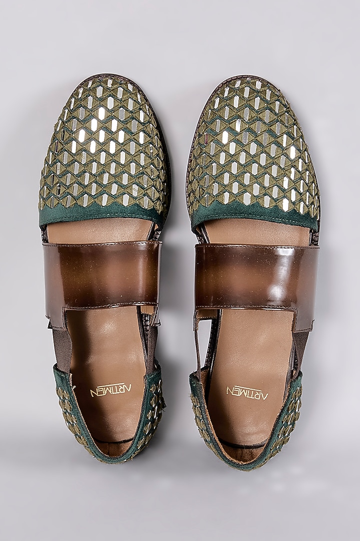 Brown & Green Leather Mirror Work Sandals by ARTIMEN at Pernia's Pop Up Shop