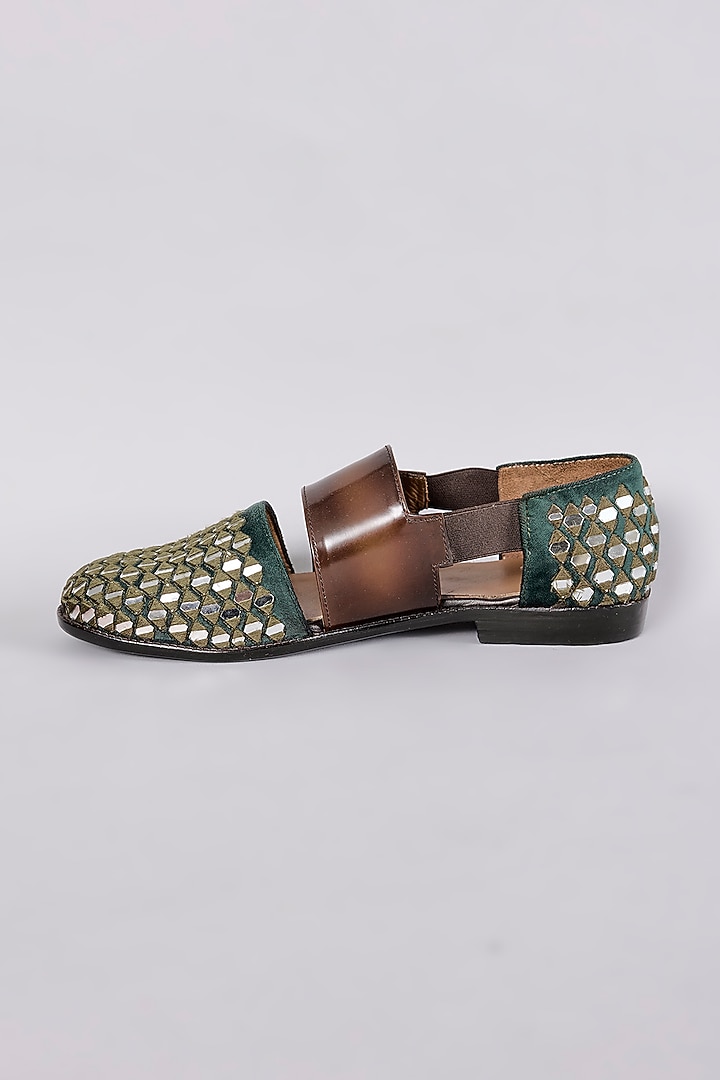Brown & Green Leather Mirror Work Sandals by ARTIMEN at Pernia's Pop Up Shop