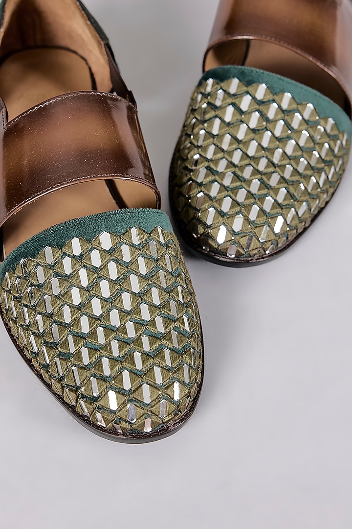 Brown & Green Leather Mirror Work Sandals by ARTIMEN at Pernia's Pop Up Shop