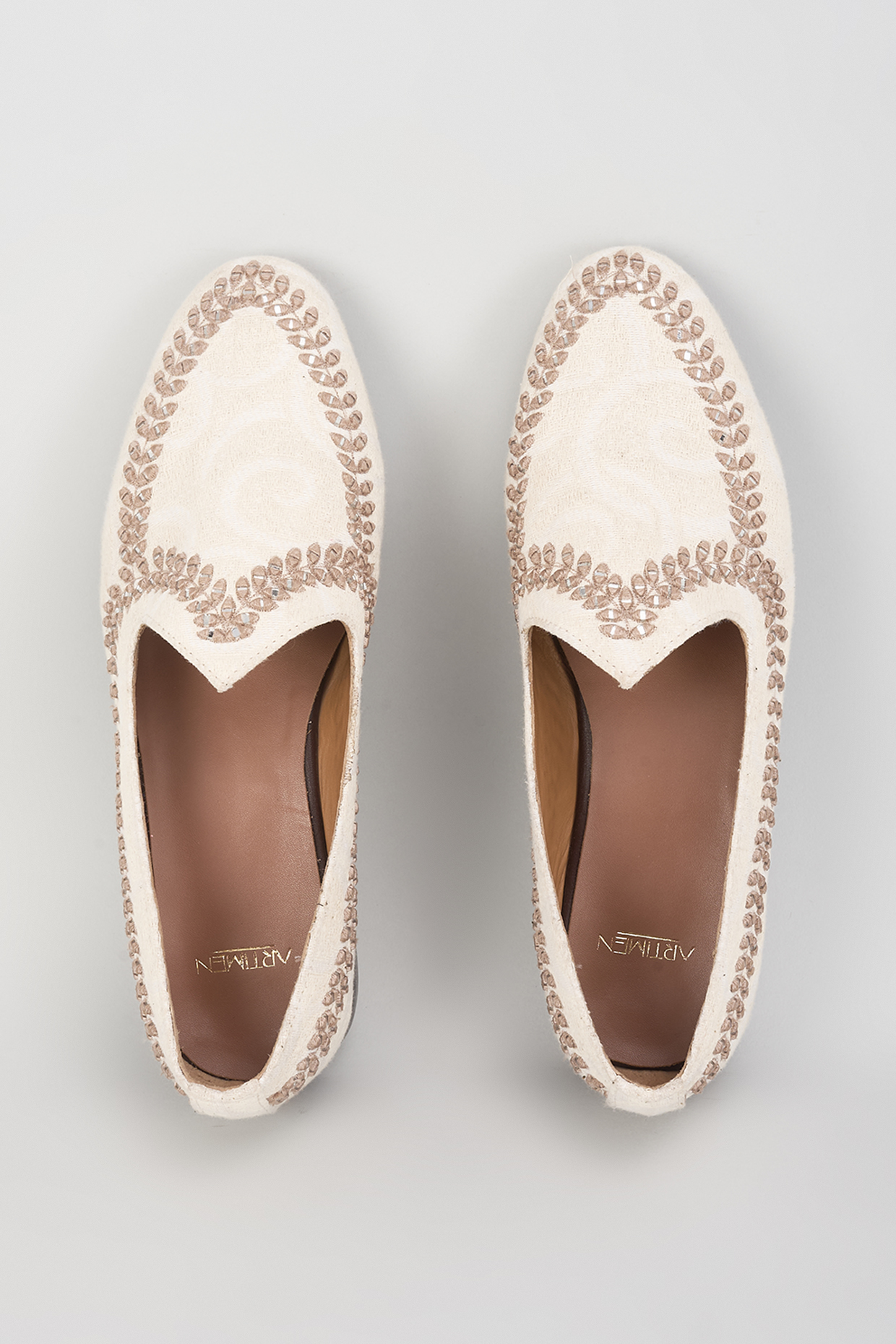 Ivory Leather Mirror Embroidered Loafers by ARTIMEN