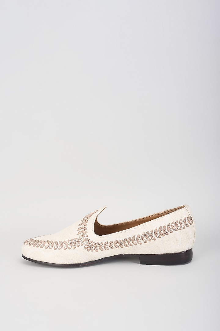Ivory Leather Mirror Embroidered Loafers by ARTIMEN at Pernia's Pop Up Shop