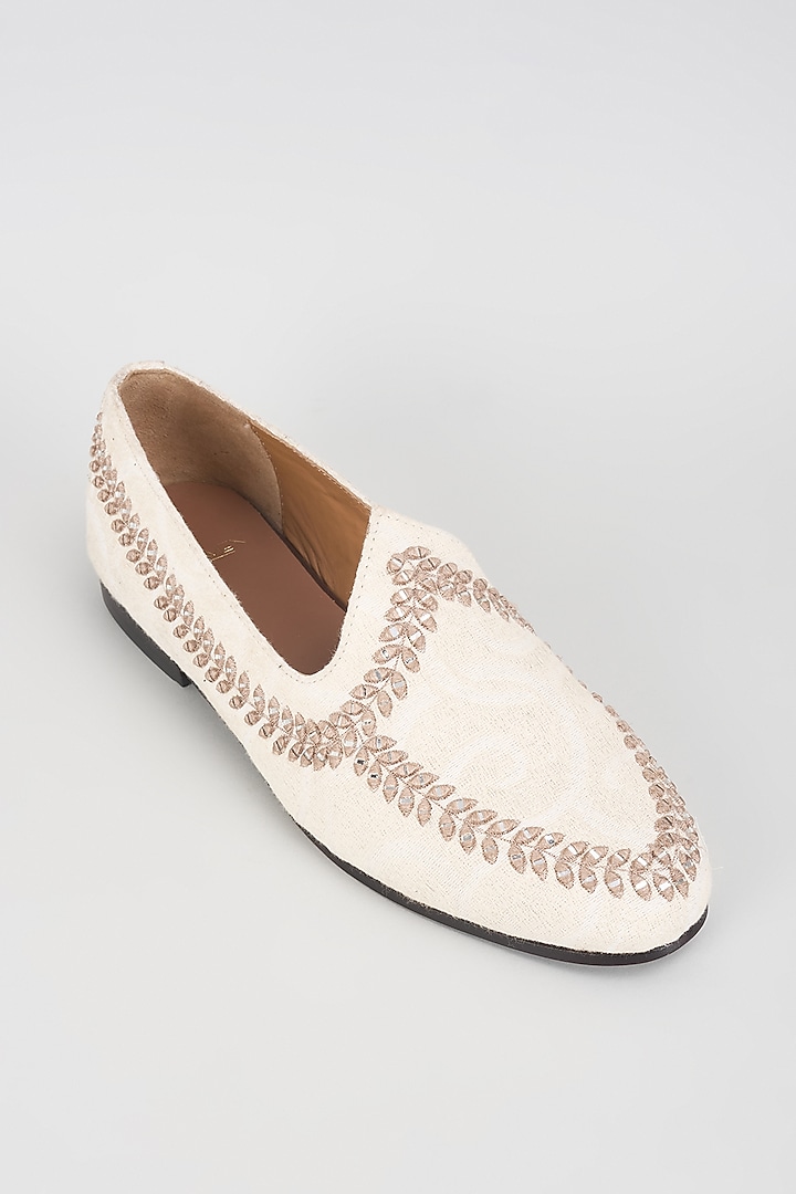 Ivory Leather Mirror Embroidered Loafers by ARTIMEN at Pernia's Pop Up Shop