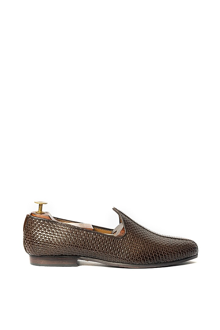 Brown Leather Handwoven Textured Loafers by ARTIMEN at Pernia's Pop Up Shop