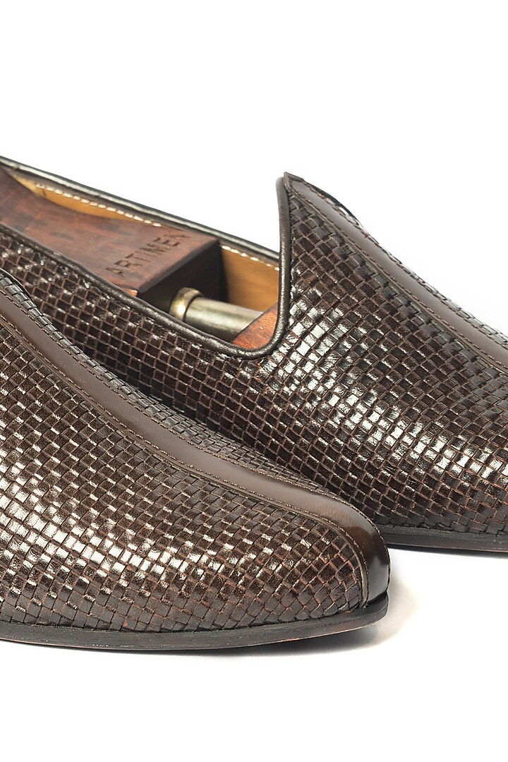 Brown Leather Handwoven Textured Loafers by ARTIMEN at Pernia's Pop Up Shop
