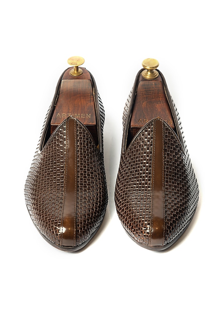 Brown Handwoven & Textured Loafers by ARTIMEN