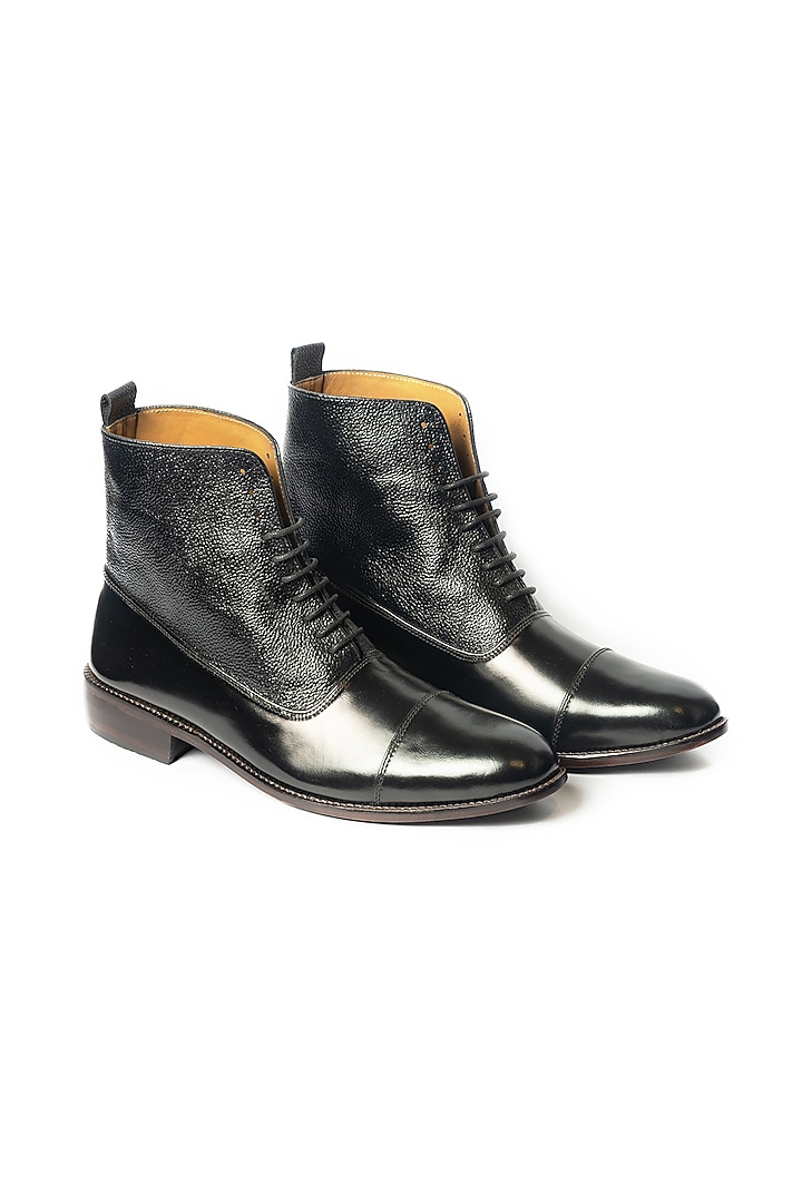 Black Leather Handcrafted Oxford Boots by ARTIMEN at Pernia's Pop Up Shop