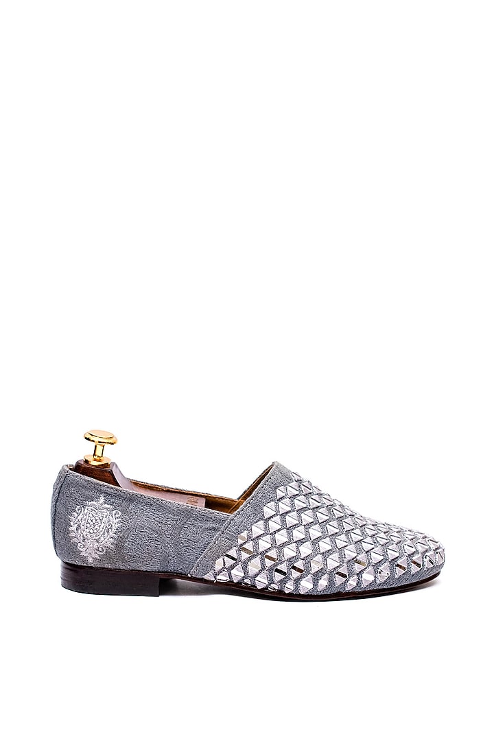 Grey Leather Mirror Embroidered Espadrilles by ARTIMEN at Pernia's Pop Up Shop