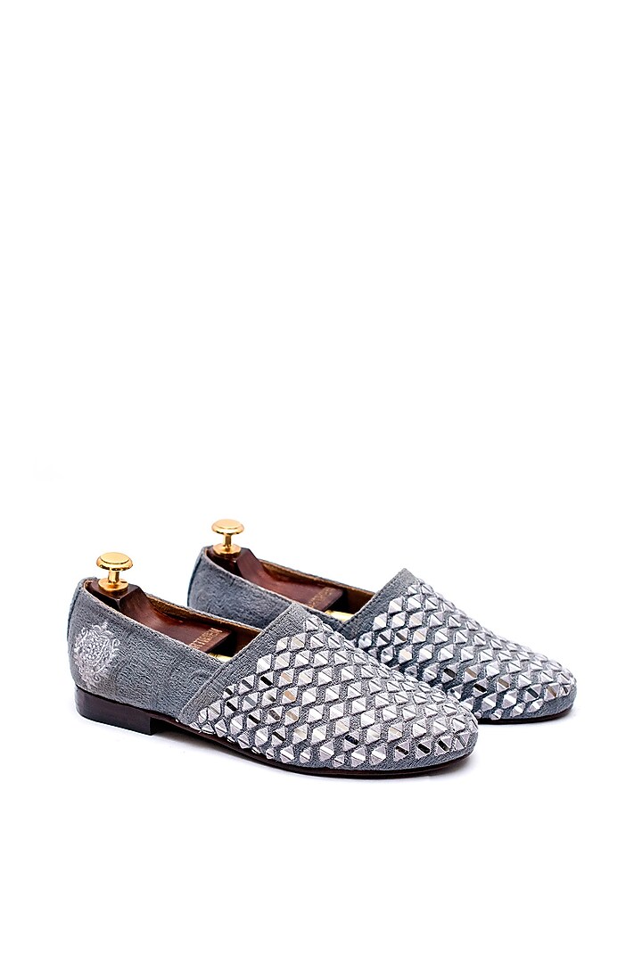 Grey Leather Mirror Embroidered Espadrilles by ARTIMEN at Pernia's Pop Up Shop