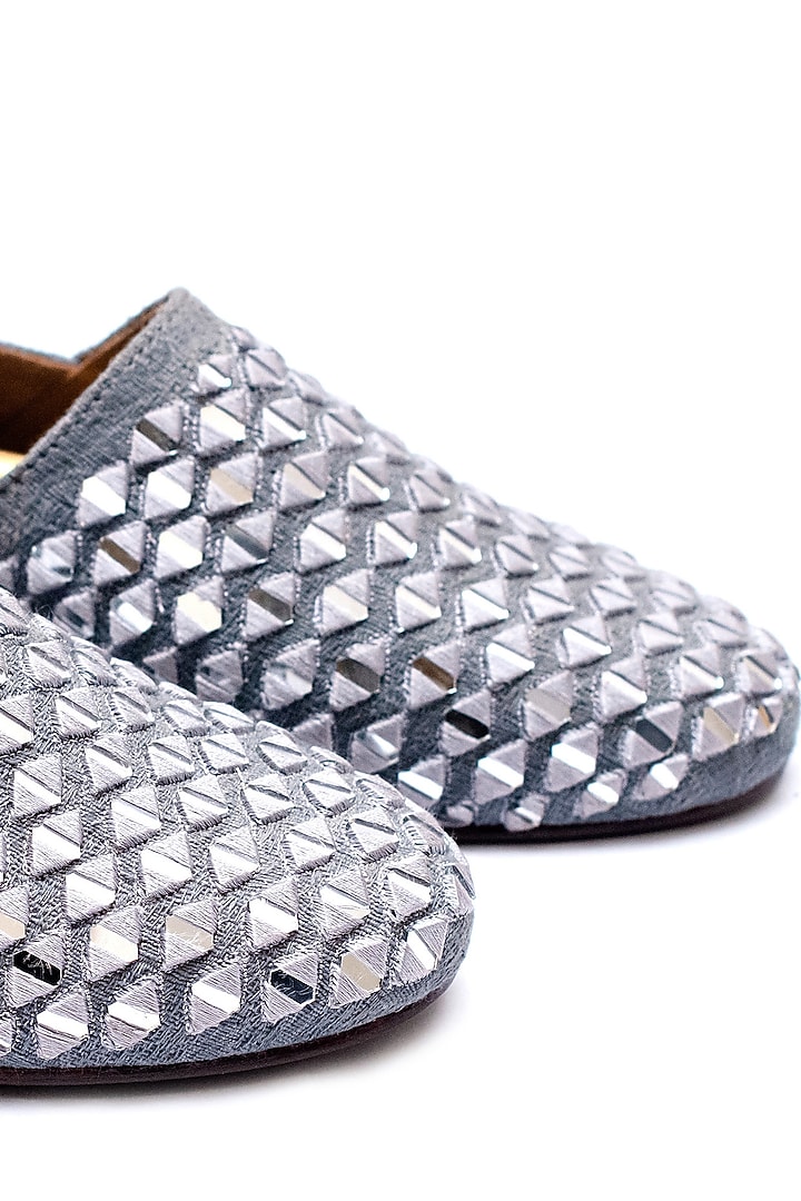 Grey Leather Mirror Embroidered Espadrilles by ARTIMEN at Pernia's Pop Up Shop