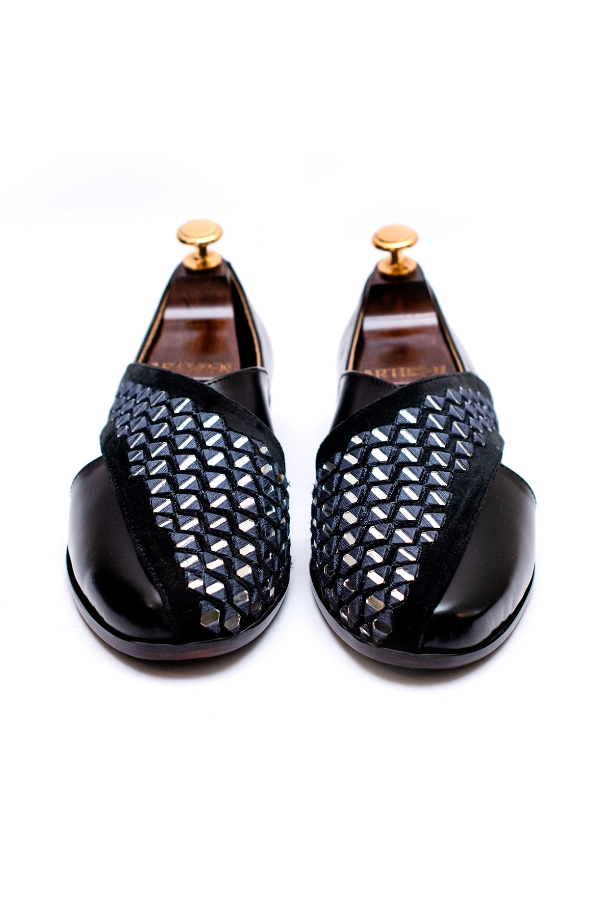 Black Leather Mirror Embroidered Peshawari Sandals by ARTIMEN