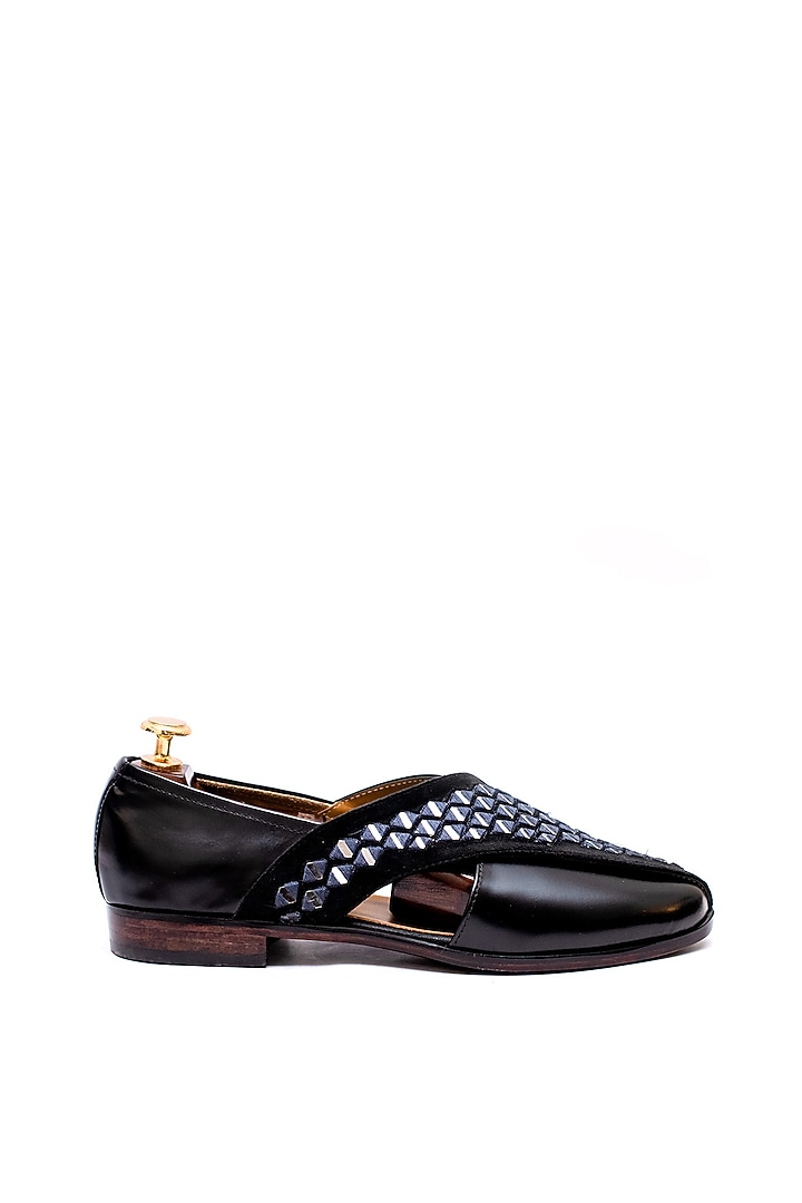 Black Leather Mirror Embroidered Peshawari Sandals by ARTIMEN at Pernia's Pop Up Shop