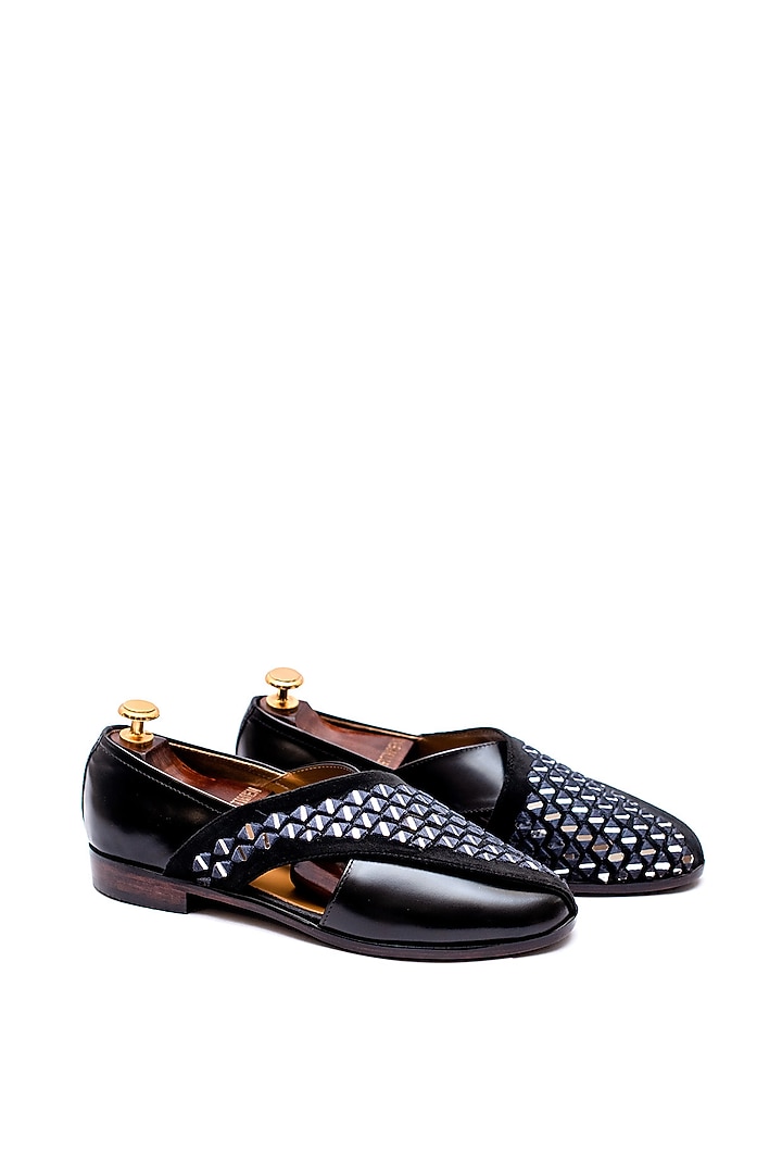 Black Leather Mirror Embroidered Peshawari Sandals by ARTIMEN at Pernia's Pop Up Shop
