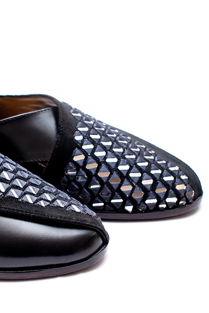 Black Leather Mirror Embroidered Peshawari Sandals by ARTIMEN at Pernia's Pop Up Shop