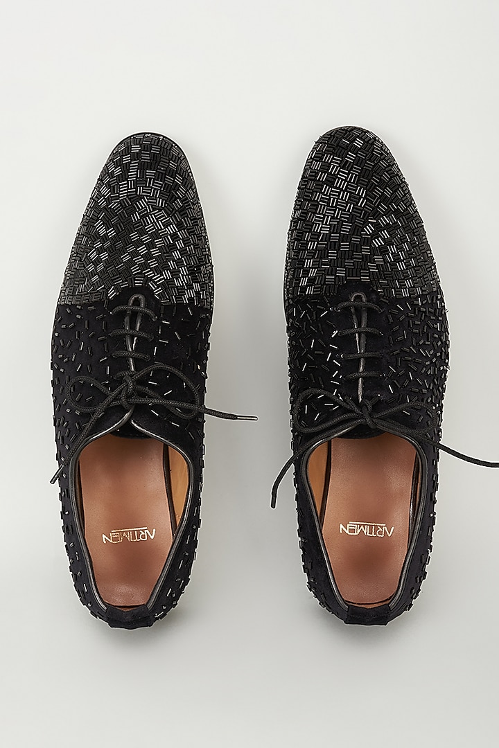 Black Velvet Cutdana Embroidered Lace-Up Shoes by ARTIMEN at Pernia's Pop Up Shop