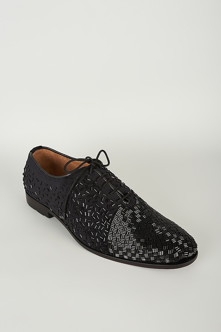 Black Velvet Cutdana Embroidered Lace-Up Shoes by ARTIMEN at Pernia's Pop Up Shop