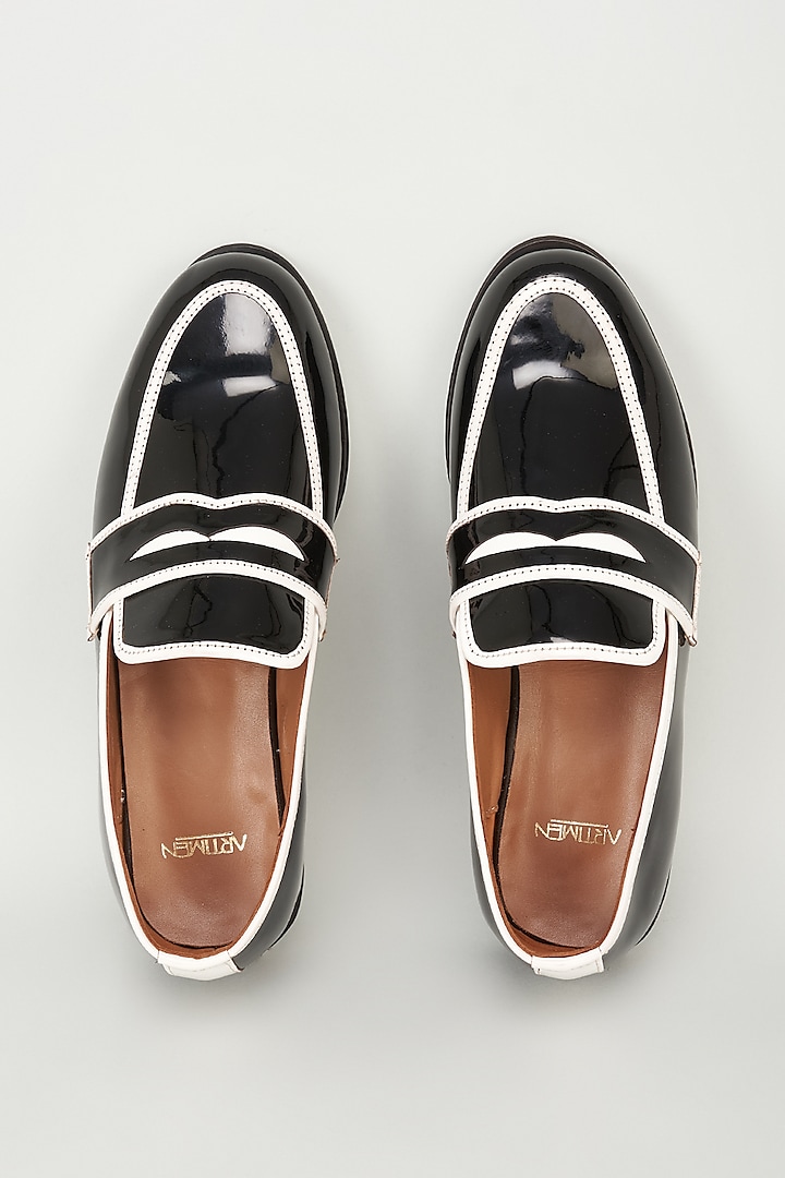 Black & White Patent Leather Mirror Embroidered Loafers by ARTIMEN