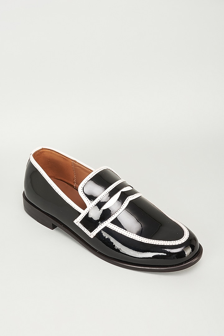 Black & White Patent Leather Mirror Embroidered Loafers by ARTIMEN at Pernia's Pop Up Shop