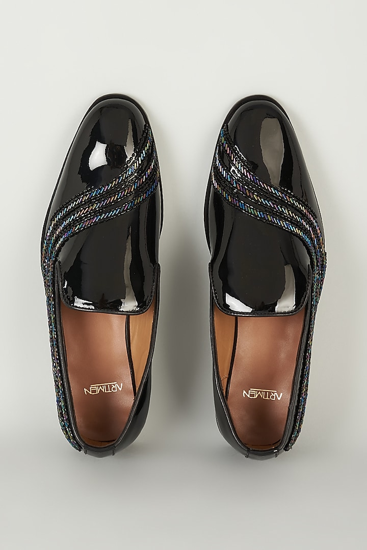 Black Patent Leather Cutdana Embroidered Loafers by ARTIMEN