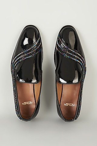 Black Patent Leather Cutdana Embroidered Loafers by ARTIMEN