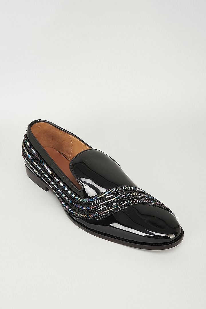 Black Patent Leather Cutdana Embroidered Loafers by ARTIMEN at Pernia's Pop Up Shop