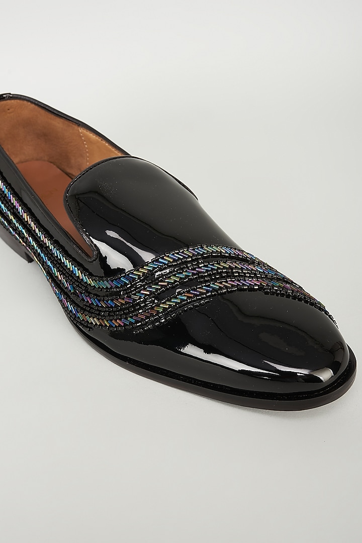 Black Patent Leather Cutdana Embroidered Loafers by ARTIMEN at Pernia's Pop Up Shop