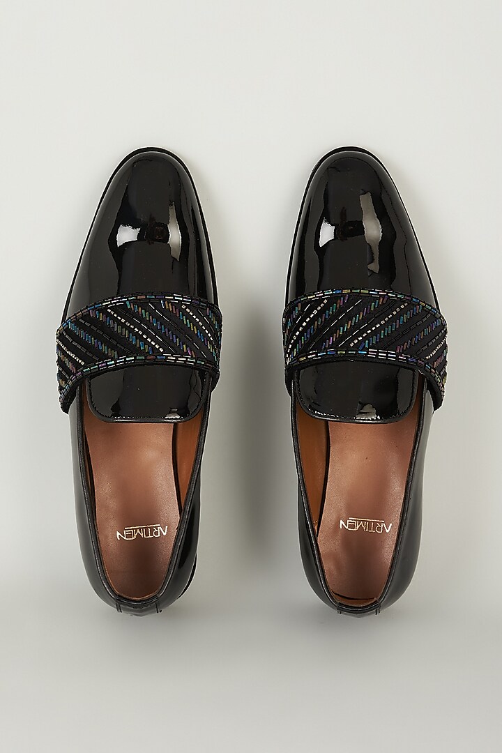 Black Patent Leather Cutdana Embroidered Loafers by ARTIMEN