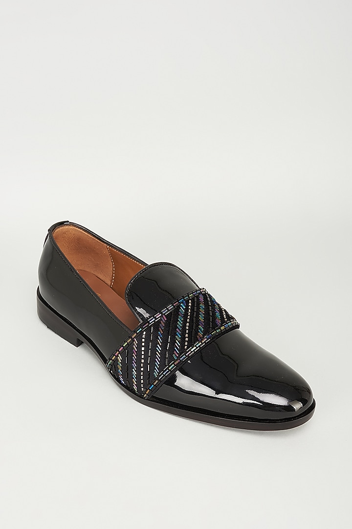 Black Patent Leather Cutdana Embroidered Loafers by ARTIMEN at Pernia's Pop Up Shop