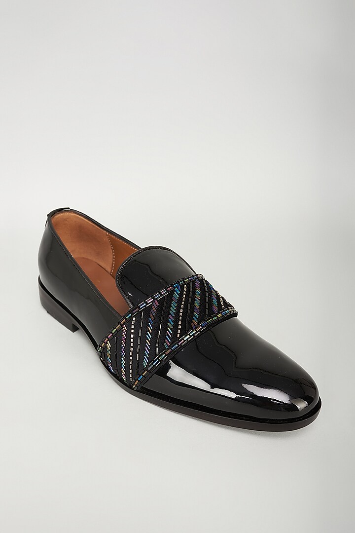 Black Patent Leather Cutdana Embroidered Loafers by ARTIMEN at Pernia's Pop Up Shop