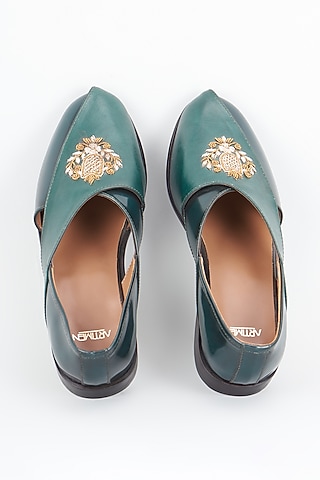 Green Leather Hand Embroidered Peshawaris by ARTIMEN