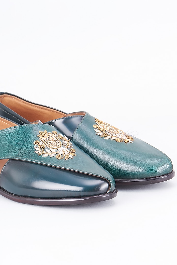 Green Leather Hand Embroidered Peshawaris by ARTIMEN at Pernia's Pop Up Shop
