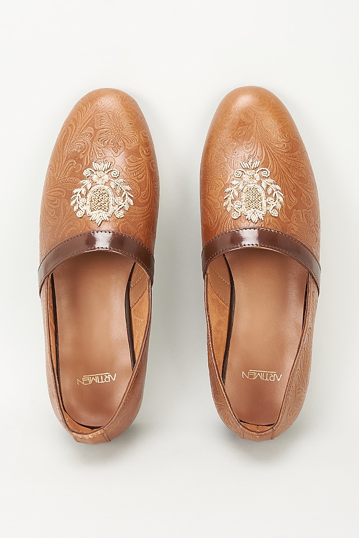 Tan Embossed Leather Cutdana Embroidered Loafers by ARTIMEN
